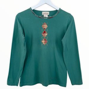 Longaberger‎ Sage Green Argyle Plaid Embroidered Long Sleeve Top Size Small